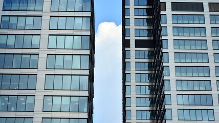 Blue curtain wall made of toned glass and steel constructions under blue sky. A fragment of a building.