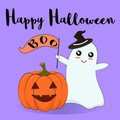  Spooky carved pumpkin lantern and cute cartoon ghost card with text Happy Halloween