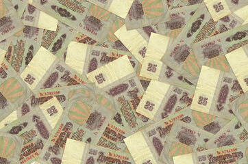 25 russian rubles bills lies in big pile. Rich life conceptual background