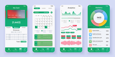 Mobile banking app smartphone interface vector templates set. Financial services online web page design layout. Pack of UI, UX, GUI 