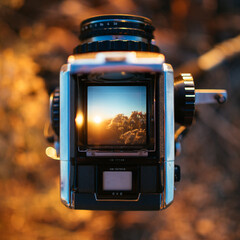 medium format vintage camera on a tripod