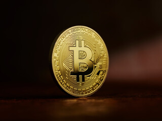 Studio shot of a Bitcoin against a dark background.