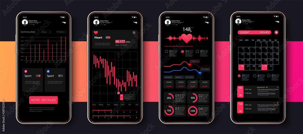 Poster different ui, ux, gui screens fitness app and flat web icons for mobile apps, responsive website inc