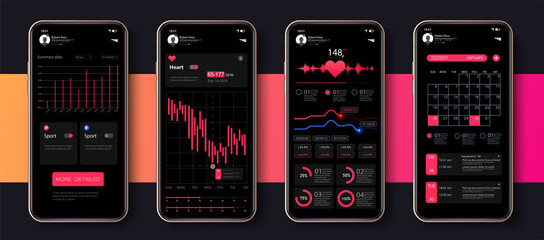 Different UI, UX, GUI screens fitness app and flat web icons for mobile apps, responsive website including. Web design and mobile template. Fitness interface