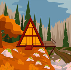 Fototapeta premium Vector illustration: Autumn cartoon landscape with house and forest. Autumn house in the forest.