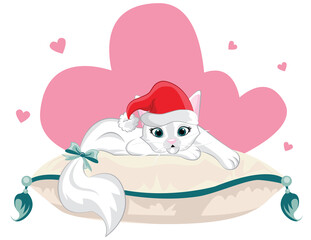 kitten sleep on pillow. christmas greeting card isolated on white