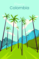 Colombia landscape. Tropics, green fields and palms. Vector illustration. Postcard from Colombia