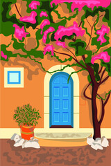 Fototapeta na wymiar Summer cityscape with traditional house, Greece. Beautiful view of the house with a blossoming tree, bright door. Vector illustration.