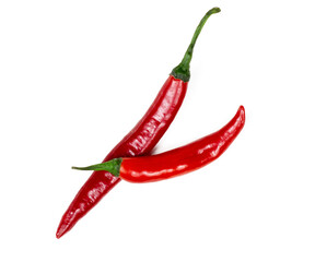 Top view flat lay of fresh red hot chilli pepper isolated on a white background.