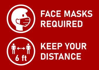 Fototapeta premium Set of Round Sticker Icons for Coronavirus Measures including Face Masks Required and Keep Your Distance 6 ft or 6 Feet. Vector Image.
