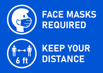 Set of Round Sticker Icons for Coronavirus Measures including Face Masks Required and Keep Your Distance 6 ft or 6 Feet. Vector Image.