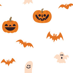 Halloween pumpkins, bats and ghosts seamless pattern. Cute illustrations background.
