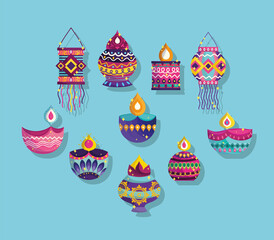 happy diwali festival, collection icons diya lamps lanterns ornaments decoration detailed