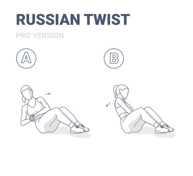 Russian Twists Female Home Workout Exercise Guide Black and White Illustration.