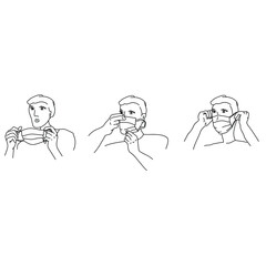 How to put on a medical mask, step-by-step instructions for showing a person wearing a medical protective mask, outline vector illustration 