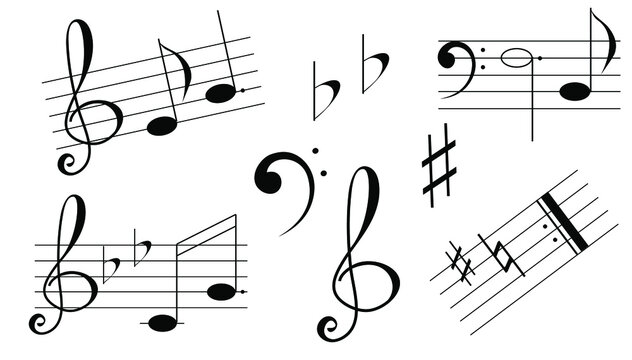 Set of musical notation: flat, sharp, bacar, bass clef, treble clef, sheet music, isolated objects, vector. Melody fragments, clipart for creating patterns and illustrations.