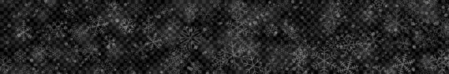 Christmas banner of snowflakes of different shapes, sizes and transparency in white colors on transparent background