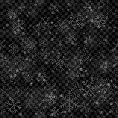 Christmas seamless pattern of snowflakes of different shapes, sizes and transparency in white colors on transparent background