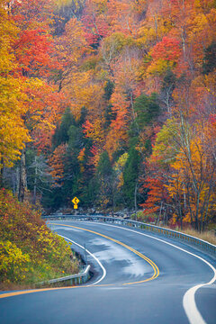 Winding Road Through Autumn Trees with Fall Colors in New England