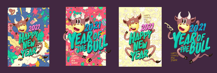 Poster collection. 2021. Year of the bull. Vector abstract illustration. Illustration in doodle style. Bull, New Year's text and elements in the background.
