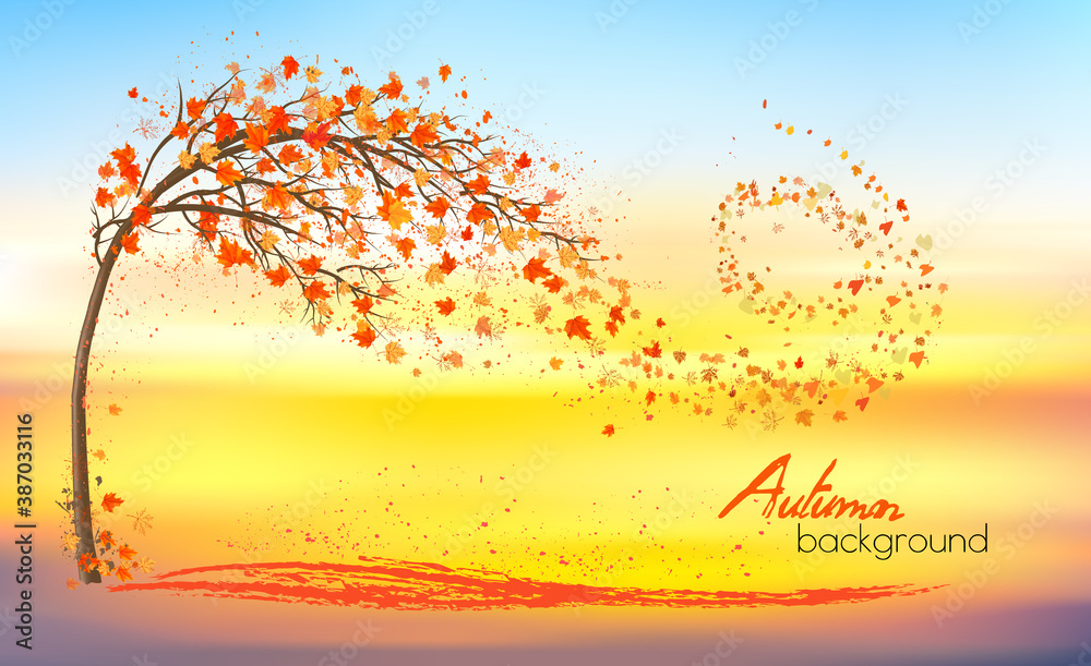Poster autumn nature background with a tree and a colorful leaves and sunset. vector.