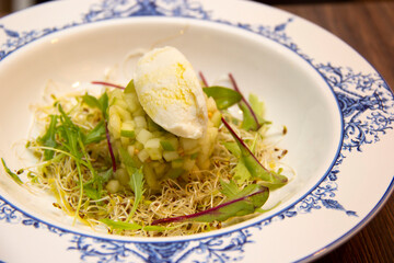 Gourmet green apple dish with sheep cheese
