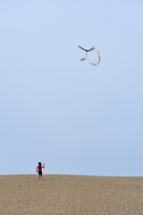 Boy Flying and Launching Kite on Cloudy Day Jockey's Ridge Nags Head North Carolina