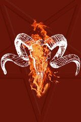 ram head, inverted pentagram and flames on red background - satanic illustration