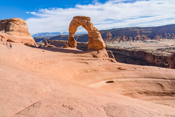 Delicate Arch rock formation landscape in Arches National Park, Utah