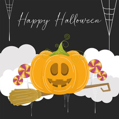 Halloween pumpkin in a witch broom. Happy halloween card - Vector illustration