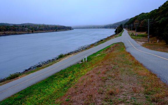 Cape Cod Canal Autumn Landscape With Two Bike Lanes Merging
