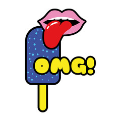 mouth licking ice cream omg word pop art style icon