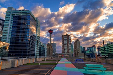 Vibrant Cloudy Sunrise Over Downtown Calgary