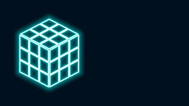 Glowing neon line Rubik cube icon isolated on black background. Mechanical puzzle toy. Rubik's cube 3d combination puzzle. 4K Video motion graphic animation