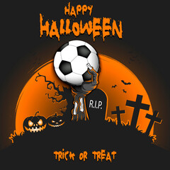 Happy Halloween. Zombie hand from the grave holding a soccer ball. Pumpkins, spooky tree, crosses, coffin and bats. Pattern for banner, poster, party invitation. Vector illustration