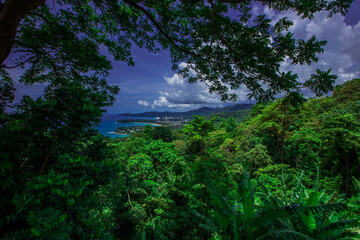 Natural high angle panoramic background With an atmosphere surrounded by mountains and trees, with a blurred wind, cool