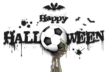 Happy Halloween. Zombie hand is holding a soccer ball. Template football design. Grunge style. Pattern for banner, poster, greeting card, flyer, party invitation. Vector illustration