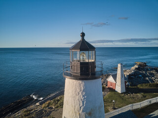 Fototapeta na wymiar Aerial drone image of the Pemaquid lighthouse and point on the Maine Coast at sunrise