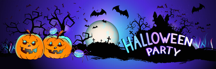 Vector illustration with pumpkins head, sinister castle, cemetery, bats and text on nightly background with full moon. Halloween party.