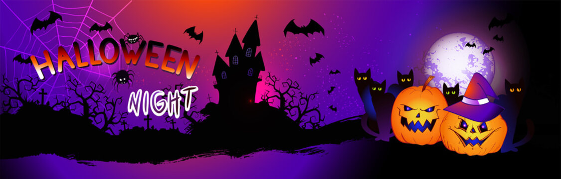 Vector illustration with pumpkins head, sinister castle, bats and text on nightly background with full moon. Halloween night.