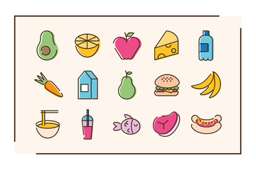 bundle of fifteen food set icons in orange background