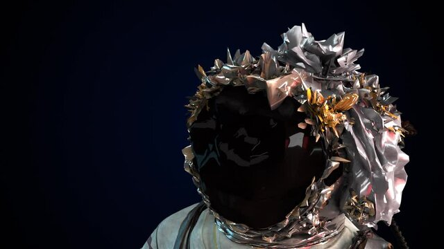 Cosmonaut with distortion head in a metal protective spacesuit. Computer generated space backdrop, 3d rendering