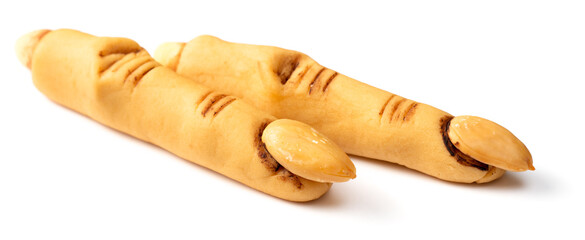 Spooky Halloween witch finger cookies isolated on the white background