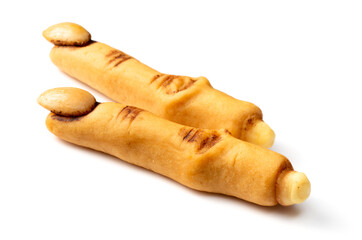 Spooky Halloween witch finger cookies isolated on the white background