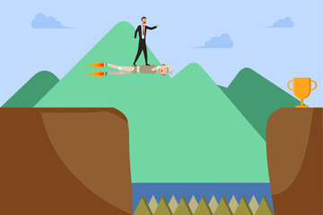 Artificial Intelligence vector concept: Businessman flying with artificial intelligence robot to reach the trophy and avoid the gap obstacle and trap