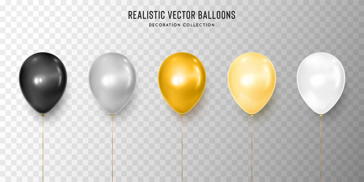 Realistic black, silver, gold, yellow and white balloon vector illustration on transparent background. Decoration element design for birthday, wedding, parties, celebrate festive. Vector template.