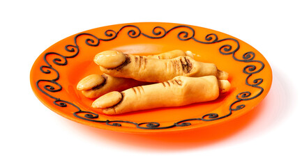 Spooky Halloween witch finger cookies in the plate, isolated on the white background