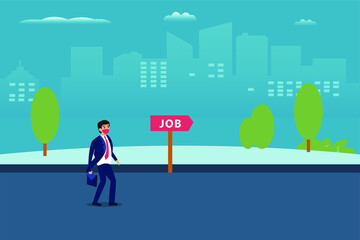 Job search vector concept: Businessman wearing face mask and walking on the road with job text on signpost