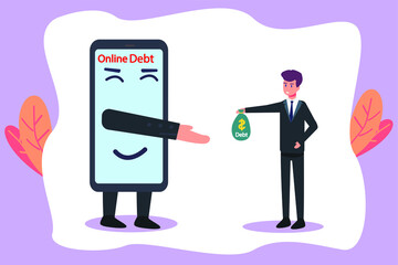 Online debt vector concept: Businessman paying online debt to a mobile phone