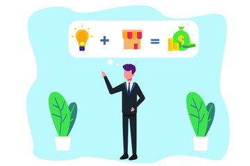 Making money from Idea vector concept: Businessman thinking idea to make a store and earns money